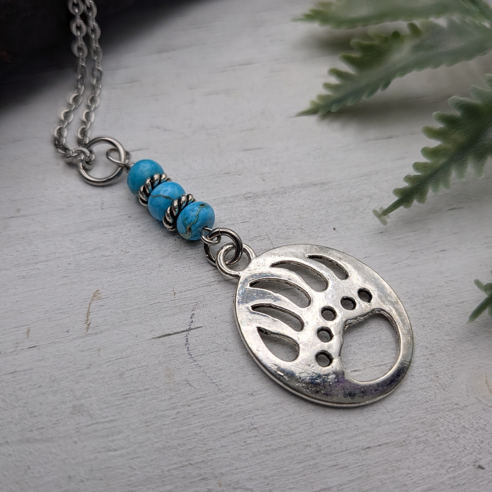 Silver Bear Paw Pendant Necklace with Turquoise Beads - Picture 3 of 6